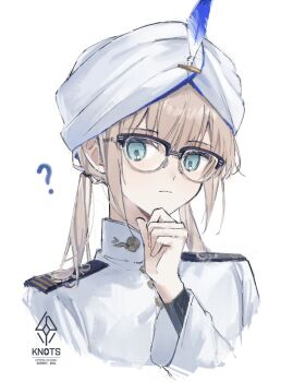 1boy ? aqua_eyes blonde_hair captain_nemo_(fate) captain_nemo_(first_ascension)_(fate) closed_mouth cropped_shoulders epaulettes fate/grand_order fate_(series) glasses hand_on_own_chin hat_feather highres looking_at_viewer male_focus nemo_(fate) over-rim_eyewear semi-rimless_eyewear sherry_0014 shoulder_boards simple_background solo stroking_own_chin turban twitter_username watermark web_address white_background white_turban