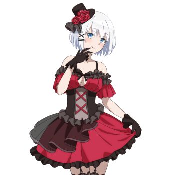 1girl :q absurdres artist_request bare_shoulders black_garter_straps black_gloves black_hat blue_eyes breasts commentary_request cowboy_shot dress flower garter_straps gloves hat hat_flower highres looking_at_viewer medium_breasts mini_hat mini_top_hat official_art red_dress red_flower red_rose rose short_hair siesta_(tantei_wa_mou_shindeiru) simple_background skirt_hold solo tantei_wa_mou_shindeiru tongue tongue_out top_hat white_background white_hair