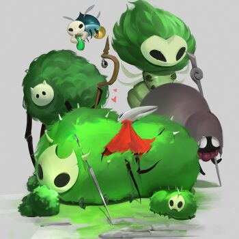 aknid_(hollow_knight) arthropod_girl beads bell black_eyes black_skin blank_eyes brown_cloak chapel_maid_(hollow_knight) cloak colored_skin eating flying from_behind full_body grass grey_background hdhenry heart highres holding holding_stick hollow_eyes hollow_knight hollow_knight:_silksong hood hood_up horned_mask hornet_(hollow_knight) horns hug hunched_over looking_at_viewer mask massive_mossgrub_(hollow_knight) moss moss_druid_(hollow_knight) moss_mother_(hollow_knight) mossgrub_(hollow_knight) prayer_beads red_cloak scar scar_across_eye scar_on_face shaman simple_background spikes staff stick white_eyes white_mask