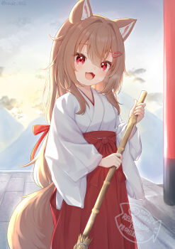 Rule 34 | 1girl, :d, animal ear fluff, animal ears, artist name, broom, brown hair, commentary request, hair ornament, hairclip, hakama, hakama skirt, highres, holding, holding broom, japanese clothes, kimono, long hair, long sleeves, looking at viewer, miko, open mouth, original, outdoors, rade (rade 552), red eyes, red hakama, skirt, smile, solo, tail, twitter username, very long hair, watermark, white kimono, wide sleeves, wolf ears, wolf girl, wolf tail