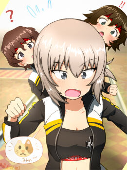 Rule 34 | 3girls, akaboshi koume, alternate costume, alternate hairstyle, black sports bra, breasts, brown hair, cleavage, commentary request, girls und panzer, girls und panzer senshadou daisakusen!, haiiro purin, hairband, hida ema, itsumi erika, jogging, midriff peek, multiple girls, official alternate costume, ponytail, red hairband, running, sports bra, sportswear