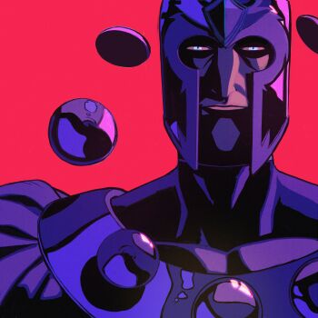 1boy absurdres blue_eyes bodysuit cape colored_sclera commentary covered_collarbone english_commentary helmet highres looking_at_viewer magneto male_focus marvel mature_male muscular muscular_male procreate_(medium) purple_bodysuit purple_cape purple_helmet red_background red_sclera solo thechaseconley upper_body x-men