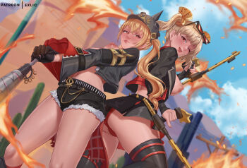Rule 34 | 2girls, ;d, artist name, belt, black-framed eyewear, black belt, black gloves, black jacket, black shorts, black skirt, black thighhighs, blonde hair, blue sky, blurry, blurry background, blush, breasts, breasts out, bright pupils, burnice white, closed mouth, combat helmet, commentary, crop top, cropped jacket, crossed bangs, cutoffs, dual wielding, dutch angle, exlic, eyewear on head, fingerless gloves, flamethrower, gloves, hair between eyes, hair ornament, hands on hilt, helmet, holding, holding flamethrower, holding weapon, jacket, lips, long hair, long sleeves, luciana de montefio, medium breasts, midriff, multiple girls, navel, nipples, one eye closed, open mouth, panties, pantyshot, patreon username, pickelhaube, pleated skirt, red-tinted eyewear, red eyes, red panties, red trim, short shorts, shorts, side ponytail, skirt, sky, smile, spiked belt, sunglasses, thighhighs, tinted eyewear, twintails, underwear, weapon, white pupils, zenless zone zero