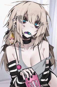 1girl aa-12_(girls&#039;_frontline) ace_glitch bags_under_eyes black_arm_warmers black_choker black_nails blue_eyes breasts can candy choker cleavage collarbone commentary drink_can ear_piercing english_commentary fingernails food girls&#039;_frontline grey_hair hair_between_eyes highres holding holding_can holding_candy holding_food holding_lollipop lollipop lollipop_in_mouth long_hair looking_at_viewer medium_breasts monster_energy mouth_hold nail_polish open_mouth pearto piercing solo striped_arm_warmers upper_body