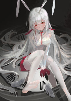1girl absurdly_long_hair absurdres black_souls black_souls_2 blush breasts clock closed_mouth gloves high_heels highres long_hair looking_at_viewer medium_breasts node_(black_souls) red_gloves red_skirt shirt shoes sidelocks sitting skirt solo thighhighs very_long_hair white_hair white_shirt white_shoes white_thighhighs xgg