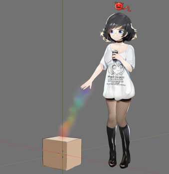 1girl absurdres black_choker black_hair black_shorts blue_eyes boots born_to_die_world_is_a_fuck_(meme) box breasts can choker clothes_writing commentary english_commentary eyewear_visible_through_hair fishnet_pantyhose fishnets full_body glasses highres holding holding_can knee_boots large_breasts lumpychan medium_hair meme original pantyhose round_eyewear shirt short_shorts shorts solo t-shirt white_shirt xyz_axis