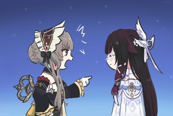 1girl automaton_(object) black_dress black_hair brown_hair closed_eyes closed_mouth columbina_(genshin_impact) detached_sleeves dress facing_another genshin_impact gloves highres light_smile long_hair long_sleeves looking_at_another open_mouth pink_hair pointing pointing_at_another sandrone_(genshin_impact) short_hair_with_long_locks very_long_hair white_dress white_gloves white_headdress xinzoruo