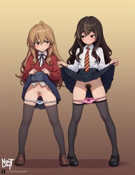 2girls aisaka_taiga angry annoyed artist_name black_bow black_bowtie black_footwear black_ribbon black_skirt black_thighhighs blazer blue_skirt blush bow bow_panties bowtie breasts brown_background brown_eyes brown_footwear brown_hair closed_mouth collared_shirt commentary commission crossover diagonal-striped_clothes diagonal-striped_necktie dress_shirt english_commentary excessive_pubic_hair expressionless eye_contact female_pubic_hair frown full_body gradient_background grimace groin hair_between_eyes hair_over_shoulder highres iona_(nayt_layt) jacket lifting_own_clothes light_brown_hair light_frown loafers loli long_hair look-alike looking_at_another looking_to_the_side mary_janes multiple_girls narrowed_eyes navel nayt_layt neck_ribbon necktie original panties panty_pull parted_lips petite pink_panties pubic_hair pussy raised_eyebrows red_jacket red_necktie ribbon shirt shoes side-by-side signature skirt small_breasts spread_legs standing striped_clothes thick_eyebrows thighhighs toradora! twitter_username twitter_x_logo uncensored underwear v-shaped_eyebrows watermark wavy_hair web_address white_panties white_shirt yellow_necktie