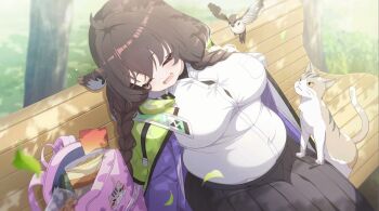 1girl artist_request bag bird black_skirt braid breasts brown_hair cardigan cat closed_eyes drooling fat fat_woman from_above game_asset highres jacket jacket_on_shoulders large_breasts leaf long_hair low_twin_braids luna_mellow muv-luv muv-luv_girls_garden official_art on_bench open_cardigan open_clothes open_mouth outdoors pink_bag purple_cardigan shirt sitting skirt sleeping solo sparrow third-party_source twin_braids unworn_bag white_shirt