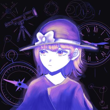 1girl artist_name black_background black_capelet black_hat bow brown_eyes brown_hair capelet clock compass fedora geometry hair_between_eyes hat hat_bow highres math short_hair solo telescope touhou usami_renko white_bow wrell