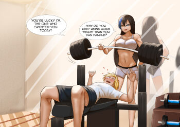 1boy 1girl absurdres barbell english_text exercising gym_shorts hand_on_own_hip heart highres kenzaki_ameri lady_justice_(series) marufuji_enta non-web_source sakino_yumeko shorts sports_bra strong superhero_costume weightlifting weights