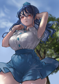 Rule 34 | 1girl, absurdres, armpits, blue hair, blue skirt, blue sky, blurry, blurry background, breasts, buttons, commentary request, cowboy shot, day, diamond button, expressionless, gonglijeongli, hat, highres, iizunamaru megumu, large breasts, long hair, looking at viewer, outdoors, parted lips, pointy ears, red eyes, shirt, skirt, sky, sleeveless, sleeveless shirt, solo, tented shirt, tokin hat, touhou, tree