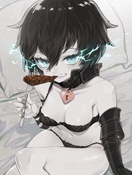 1girl absurdres abyssal_ship aqua_eyes arm_guards bikini black_bikini black_hair breasts commentary commission eating english_commentary flaming_eyes food fork glowing glowing_eyes heart-shaped_lock highres holding holding_fork kantai_collection lips navel on_bed pale_skin ri-class_heavy_cruiser ruohire9 short_hair sitting solo steak swimsuit teeth