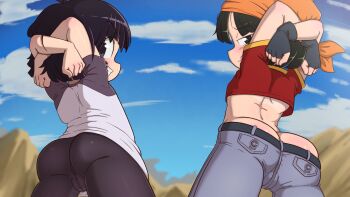 2girls arms_behind_head arms_up bandana black_eyes black_hair crossed_arms dragonball_z fingerless_gloves from_below gloves highres licking_lips loli looking_at_viewer mountain multiple_girls naughty_face outdoors pan_(dragon_ball) pan_(xeno) pants poethewondercat short_hair smile tan tank_top tanline tight_clothes tight_pants tongue tongue_out