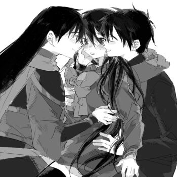 1girl 2boys black_hair blush bow boy_sandwich commentary_request dual_persona feiqi_chelun gakuran hetero hug hug_from_behind long_hair long_sleeves looking_at_another monochrome multiple_boys parted_lips ribbon sairei_no_hebi sakai_yuuji sandwiched school_uniform shakugan_no_shana shana simple_background smile white_background