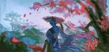 1boy absurdres arm_at_side black_bridal_gauntlets black_shorts blue_cape blue_hair blue_hat blue_sky blunt_ends blurry bridal_gauntlets cape clear_sky depth_of_field dokseong facing_away falling_petals flower from_behind furisode genshin_impact gold hand_up hashtag-only_commentary hat highres japanese_clothes jingasa kimono male_focus outdoors painterly petals red_flower red_petals scaramouche_(genshin_impact) short_sleeves shorts sky solo sumeru_city tree upper_body wanderer_(genshin_impact) white_kimono white_sleeves white_trim