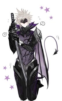 Rule 34 | 1boy, ?, armor, black armor, black gloves, blindfold mask, blonde hair, bodystocking, clawed gauntlets, cloud strife, cloud strife (bahamut garb), demon tail, dragon wings, final fantasy, final fantasy vii, final fantasy vii: ever crisis, gloves, highres, male focus, mask, neko 1923, official alternate costume, short hair, shoulder armor, single wing, spiked hair, tail, wings