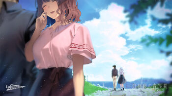 2boys 2girls black_shirt black_skirt blouse blue_sky breasts character_request closed_eyes cloud cloudy_sky collared_shirt copyright_name hakuchuumu_no_aojashin kaito_(hakuchuumu_no_aojashin) large_breasts long_hair looking_back medium_hair multiple_boys multiple_girls official_art open_mouth pink_shirt shimofuri shirt short_hair short_sleeves skirt sky smile walking walking_away white_shirt wing_collar yonagi_(hakuchuumu_no_aojashin)