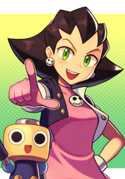 1girl absurdres breasts buttons commentary covered_collarbone earrings english_commentary gloves green_eyes hand_on_own_hip hand_up highres index_finger_raised jacket jewelry long_hair looking_at_viewer mega_man_(series) mega_man_legends_(series) mixed-language_commentary open_clothes open_jacket open_mouth pointing puffy_short_sleeves puffy_sleeves revision robot servbot_(mega_man) short_sleeves silverchariotx small_breasts smile teeth the_misadventures_of_tron_bonne tron_bonne_(mega_man) upper_body upper_teeth_only