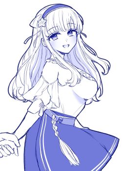 Rule 34 | 1girl, 1other, alternate costume, belt, blue theme, cowboy shot, cross-laced clothes, cross-laced top, double bun, fletcher (kancolle), fletcher (mitsukoshi) (kancolle), folded hair, hair bun, hair ornament, hairband, highres, holding hands, kantai collection, long hair, looking at viewer, monochrome, nagi kantai114, skirt, smile, solo focus, star (symbol), star hair ornament