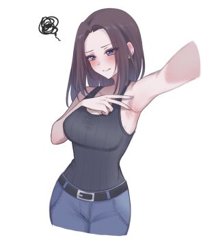 1girl alternate_costume armpits bang_dream! belt black_belt black_hair blue_eyes blush breasts embarrassed feet_out_of_frame highres long_hair long_sleeves medium_breasts pants ppora presenting_armpit shirt sleeveless sleeveless_shirt solo standing wakana_rei