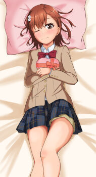 Rule 34 | 1girl, ;), asymmetrical bangs, bed sheet, blazer, bow, bowtie, box, brown eyes, brown hair, brown jacket, candy, chocolate, chocolate heart, collared shirt, commentary request, food, grey skirt, hair ornament, hairpin, head on pillow, heart, heart-shaped box, heart-shaped food, highres, jacket, long sleeves, looking at viewer, lying, medium hair, misaka mikoto, on back, one eye closed, pillow, plaid clothes, plaid skirt, red bow, red bowtie, school uniform, shirt, shorts, shorts under skirt, skirt, smile, solo, tabu (tabu 01), toaru kagaku no railgun, toaru majutsu no index, tokiwadai school uniform, valentine, white shirt, winter uniform