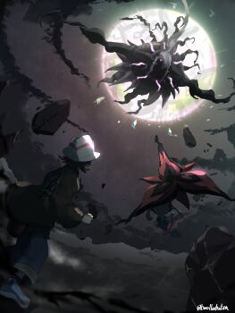 Rule 34 | 1girl, absurdres, bo (bouillustration), brown hair, colored sclera, commentary request, darkrai, floating, floette, floette (eternal), flower, full moon, gen 4 pokemon, gen 6 pokemon, green jacket, harmony (pokemon), hat, highres, holding, holding poke ball, jacket, legendary pokemon, long sleeves, mega darkrai, mega floette, mega pokemon, moon, mythical pokemon, nintendo, one-eyed, pants, poke ball, poke ball (basic), pokemon, pokemon (creature), pokemon legends: z-a, purple sclera, ribbed socks, short hair, socks, whisp, white hat