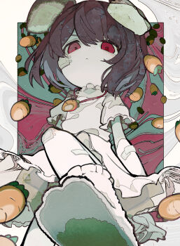 Rule 34 | 1girl, absurdres, animal ears, bandaid, bandaid on cheek, bandaid on face, bandaid on knee, bandaid on leg, brown hair, carrot, carrot necklace, closed mouth, commentary, dress, explosion, from below, highres, inaba tewi, jewelry, looking at viewer, looking down, medium hair, necklace, rabbit ears, rabbit girl, red eyes, short sleeves, socks, solo, soresaki, touhou, white dress, white socks