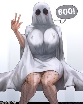 1girl absurdres artist_name bed_sheet blush blushed_arts breasts commentary covered_erect_nipples cowboy_shot english_commentary facing_viewer fishnet_pantyhose fishnets ghost_costume hand_up highres large_breasts naked_sheet original pantyhose sheet_ghost simple_background sitting solo speech_bubble straight-on w white_background