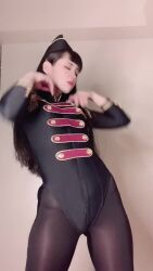 1girl adapted_costume animated asian ass ass_shake audible_music black_gloves black_hair black_leotard breasts crossed_arms curvy dancing gloves hat highleg highleg_leotard highres japanese_(nationality) leotard lips long_hair looking_at_viewer military military_uniform model pantyhose photo_(medium) ririkana small_breasts solo sound standing tagme thighhighs thong_leotard video