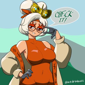 1girl animated animated_gif artist_name black_gloves bodysuit breast_expansion breasts bursting_breasts covered_navel cowboy_shot eyeshadow glasses gloves grey_hair hair_bun half-closed_eyes half_gloves highres huge_breasts inverted_nipples jacket large_breasts long_sleeves makeup mask mask_on_head nintendo nipples off_shoulder outdoors purah red-framed_eyewear red_bodysuit red_eyes red_eyeshadow sideboob simple_background skindentation sleeveless sleeveless_bodysuit smile solo speech_bubble standing text_focus the_legend_of_zelda the_legend_of_zelda:_tears_of_the_kingdom wardrobe_malfunction zedrin