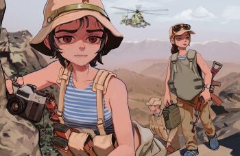 1boy 2girls absurdres afghanistan aircraft ak-74 aks-74 ammunition_pouch assault_rifle attack_helicopter black_hair blue_eyes blue_shoes brown_eyes brown_hair brown_hat brown_jacket brown_pants bulletproof_vest camera chest_rig cloud commentary_request field_cap full_body gun hair_bun hat helicopter highres holding holding_camera holding_gun holding_weapon horizontal-striped_clothes jacket kalashnikov_rifle korean_commentary looking_to_the_side magazine_(weapon) mi-24 military military_vehicle mountain mountainous_horizon multiple_girls original pants ponytail pouch rifle rifleman1130 scenery shirt shoes slouch_hat soviet soviet_army striped_clothes striped_shirt striped_tank_top sweat tank_top telnyashka tongue tongue_out upper_body vdv war_in_afghanistan watch weapon wristwatch