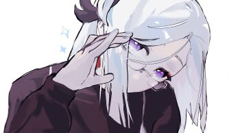 Rule 34 | 1girl, absurdres, alternate costume, blue nails, brown sweater, covered mouth, earrings, eyeshadow, fingernails, genshin impact, glasses, grey-framed eyewear, hair ornament, hand up, headpiece, highres, jewelry, kntnkdsbk 3, long hair, long sleeves, looking at viewer, makeup, nail polish, puffy long sleeves, puffy sleeves, purple eyes, red eyeshadow, shenhe (genshin impact), simple background, single earring, solo, sparkle, sweater, tassel, tassel earrings, upper body, white background, white hair