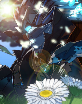 Rule 34 | black hair, black jacket, blue eyes, blue fire, commentary request, exhaust pipe, fire, flower, grass, highres, jacket, kirby (series), kirby air ride, kirby air riders, looking down, nintendo, noir dedede, outdoors, shizu ponnu, sitting, solo, torn clothes, torn jacket, white flower