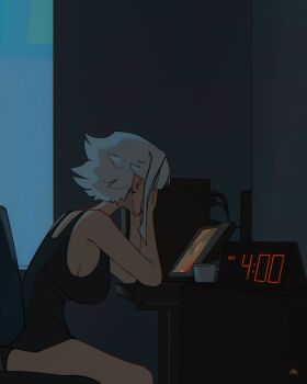 1girl black_tank_top breasts chair clock cowboy_shot cup desk digital_clock drawing_tablet exhausted from_side grawlix_(shibansfw) grey_hair hands_on_own_face highres indoors large_breasts mug night original seven-segment_display shibansfw short_hair sideboob sitting solo tank_top