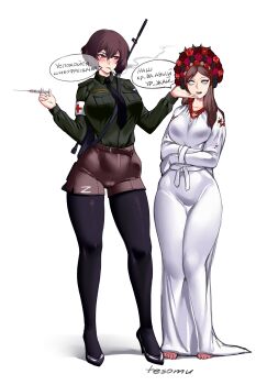 Rule 34 | 2girls, absurdres, black gloves, black pantyhose, black shoes, blush, breasts, brown hair, cigarette, crazy eyes, crossed arms, full body, gloves, gun, high heels, highres, holding, holding syringe, holding weapon, large breasts, military, military uniform, multiple girls, open mouth, original, pantyhose, patch, russia, russian flag, russian text, russo-ukrainian war, shoes, short hair, shoulder patch, simple background, smoke, smoking, straitjacket, syringe, tesomu, thighhighs, translation request, ukrainian clothes, weapon, white background, z (russian symbol)
