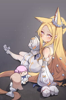 1girl animal_ear_fluff animal_ears bare_shoulders blonde_hair blue_archive bow character_doll commentary doll doodle_sensei_(blue_archive) dress english_commentary forehead fox_ears fox_girl fox_tail full_body grey_background hand_up highres long_hair long_sleeves mika_(blue_archive) miya_(miyaruta) nagisa_(blue_archive) pantyhose parted_bangs puffy_long_sleeves puffy_sleeves purple_eyes seia_(blue_archive) sensei_(blue_archive) shoes simple_background sleeveless sleeveless_dress sleeves_past_fingers sleeves_past_wrists solo striped_clothes striped_pantyhose tail tail_bow tail_ornament vertical-striped_clothes vertical-striped_pantyhose very_long_hair white_bow white_dress white_pantyhose white_shoes white_sleeves