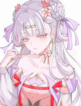 1girl artist_name bare_shoulders breasts chinese_clothes chromatic_aberration closed_mouth collarbone colored_eyelashes commentary_request detached_sleeves earrings flower flower-shaped_pupils hair_flower hair_ornament hair_ribbon hand_up hanfu highres holding holding_petal jewelry jinhsi_(peach_blossom)_(wuthering_waves) jinhsi_(wuthering_waves) light_blush light_smile long_hair long_sleeves looking_at_viewer official_alternate_costume petals pink_flower pink_petals pink_pupils purple_ribbon qixiong_ruqun ribbon simple_background small_breasts solo symbol-shaped_pupils upper_body uriuritei white_background white_eyelashes white_eyes white_hair white_sleeves wuthering_waves