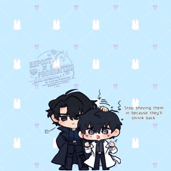 2boys @_@ ahoge black_coat black_hair black_shirt breath coat collared_shirt double-parted_bangs english_text full_body hair_between_eyes hand_in_pocket hands_up hashtag-only_commentary highres kim_dokja kimidori_22 male_focus multiple_boys omniscient_reader&#039;s_viewpoint open_clothes open_coat popped_collar scratching_head shirt short_hair white_coat yoo_joonghyuk