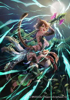 1girl absurdres animal_ears black_gloves breasts brown_hair brown_tail cat_ears cat_girl cat_tail copyright_notice elbow_gloves electricity fang feuille_(z/x) fingerless_gloves forest from_below gloves green_eyes highres holding holding_weapon hori_airi leaf leotard moon nature night night_sky official_art open_mouth outdoors short_hair sky solo tail teeth weapon z/x