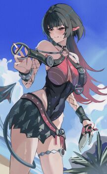 1girl animal_ears bare_shoulders black_hair black_one-piece_swimsuit black_sarong blue_sky breasts highres jane_doe_(nocturne_of_light)_(zenless_zone_zero) jane_doe_(zenless_zone_zero) large_breasts licking_lips long_hair looking_at_viewer mouse_ears mouse_girl mouse_tail multicolored_hair official_alternate_costume one-piece_swimsuit outdoors red_hair sarong sky solo swimsuit tail tail_wrap thighs tongue tongue_out two-tone_hair very_long_hair yato_(yama0x1) zenless_zone_zero