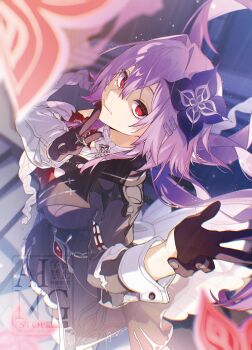 1girl absurdres aiwo_o_lite artist_name black_dress black_flower black_gloves blurry blurry_background breasts closed_mouth clothing_cutout commentary_request cowboy_shot dress earrings empty_eyes evernight_(honkai:_star_rail) fingernails floating_hair flower flower_ornament frills gloves hair_between_eyes hair_flower hair_ornament hairclip hands_up highres honkai:_star_rail honkai_(series) index_finger_raised jellyfish jewelry long_hair long_sleeves looking_at_viewer looking_up low_twintails march_7th_(honkai:_star_rail) medium_breasts multiple_rings official_alternate_costume official_alternate_hairstyle pink_hair puffy_long_sleeves puffy_sleeves red_eyes red_flower ring shoulder_cutout sidelocks single_bare_shoulder single_earring smile solo standing turtleneck turtleneck_dress twintails two-tone_dress watermark wavy_hair white_dress