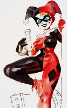 1girl batman_(series) black_bodysuit blue_eyes bodysuit breasts dc_comics domino_mask eye_mask gloves harlequin harley_quinn_(classic) hat jester jester_cap jester_costume mask multicolored_bodysuit red_bodysuit simple_background smile solo two-tone_bodysuit two-tone_hat wamudraws