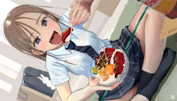 Rule 34 | 1girl, :d, bag, black socks, blue necktie, blue shirt, blue skirt, blush, bowl, bra visible through clothes, breasts, brown hair, chopsticks, dutch angle, eating, food, food request, grey eyes, highres, holding, holding bowl, holding chopsticks, indian style, indoors, long hair, looking at viewer, masuda (yousaytwosin), medium breasts, miniskirt, necktie, open mouth, original, pleated skirt, school bag, school uniform, shirt, short sleeves, signature, sitting, skirt, smile, socks, solo, sushi