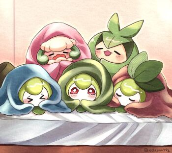 >_< animal_focus bed blanket blush closed_eyes colored_skin crying gen_5_pokemon green_skin leaf looking_at_viewer mochopaccho nintendo no_humans open_mouth petilil pokemon pokemon_(creature) sleeping swadloon whimsicott white_skin