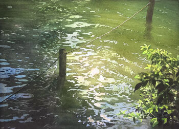 absurdres commentary_request day fence_post highres kazuyuki_hashimoto landscape no_humans original painting_(medium) plant pond reflection reflective_liquid rope scenery shallow_water traditional_media tree_shade water watercolor_(medium)