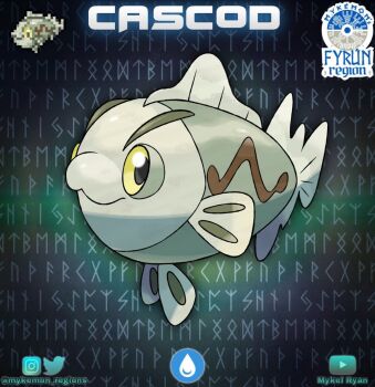 artist_name character_name fakemon fish instagram_logo instagram_username logo looking_at_viewer mykel_ryan nintendo no_humans original pokemon pokemon_(creature) runes solo twitter_logo twitter_username youtube_logo youtube_username