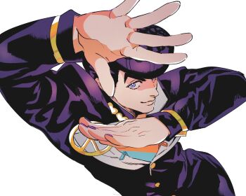 1boy blue_eyes brooch diamond_wa_kudakenai gakuran higashikata_josuke highres jewelry jojo_no_kimyou_na_bouken light_smile looking_at_viewer peace_symbol purple_hair purple_nails school_uniform simple_background smile solo tirauraja white_background