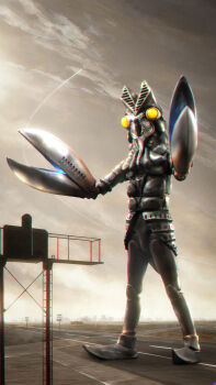 1boy absurdres adversarial_noise aircraft alien baltan_seijin blurry blurry_background building chemtrail chromatic_aberration cloud commentary day highres kaiju knees ladder love894anon no_humans no_mouth no_pupils outdoors photo_background pincers road sky street tokusatsu tsuburaya_productions ultra_series ultraman_(1st_series) yellow_eyes