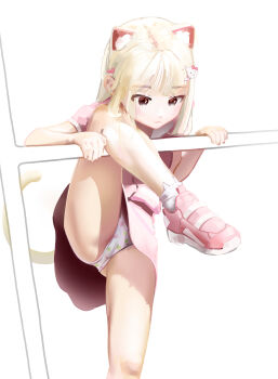 1girl :o absurdres animal_ear_fluff animal_ears ankle_socks blonde_hair bow bulge cat_ears cat_girl cat_tail character_hair_ornament coat expressionless full_body hair_bow hair_ornament hello_kitty hello_kitty_(character) highres leg_up loli long_hair multicolored_panties multicolored_shoes multicolored_underwear multiple_girls original panties pantyhose pantyshot parfait_(gachigachi) pink_serafuku pink_shoes print_clothes print_panties print_underwear sanrio school_uniform serafuku shirt shoes short_sleeves sitting skirt sneakers socks solo sweetonedollar tail tamagotchi underwear upskirt velcro velcro_footwear white_socks
